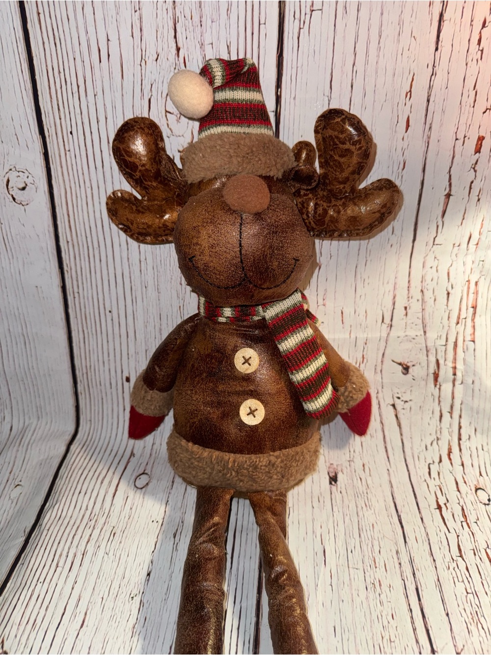 Festive Brown Plush Reindeer Holiday Accent with Striped Scarf
